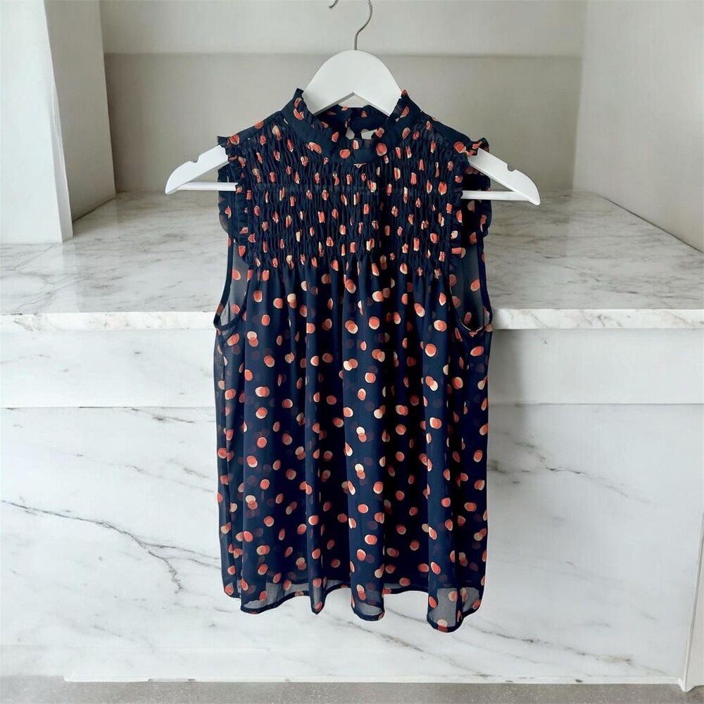 Maeve by Anthropologie Sheer Navy Blouse Orange Tan Polka Dot Ruched Size 2